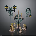 Vintage Decorative Street Lamps With Lit Lanterns And Melted Candles On Holders
