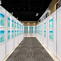 Art Exhibition Hall With White Panels Displaying Blue Paintings Under Bright Lighting And Carpet