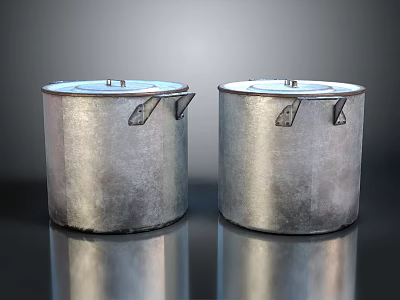 Silver Metal Cylindrical Containers With Lid And Side Hooks On Reflective Surface 3d model