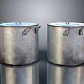 Silver Metal Cylindrical Containers With Lid And Side Hooks On Reflective Surface