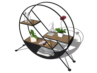 Round Storage Shelving Unit With Black Metal Frame And Wooden Plant Display Shelves 3d model