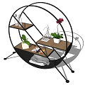 Round Storage Shelving Unit With Black Metal Frame And Wooden Plant Display Shelves