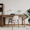 Minimalist Modern Wooden Desk Workspace With Bookshelf Table Lamp And Green Plant