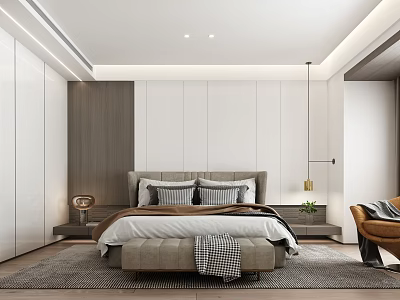 Modern Minimalist Bedroom Interior With Gray White Pillows Bed Bench And Wooden Wardrobe 3d model