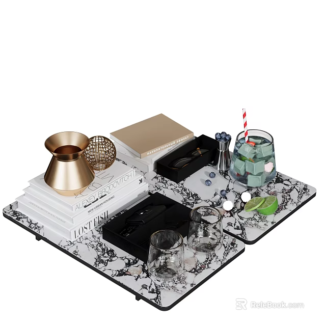Elegant Decorative Ornament Set With Marble Trays Books Metal Decor And Glass Cups 3d model 