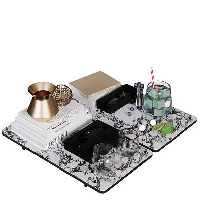 Elegant Decorative Ornament Set With Marble Trays Books Metal Decor And Glass Cups 3d model