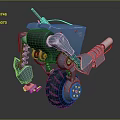 Mechanical Robot Character With Metal Legs Tire Weapon Components And Red Accents