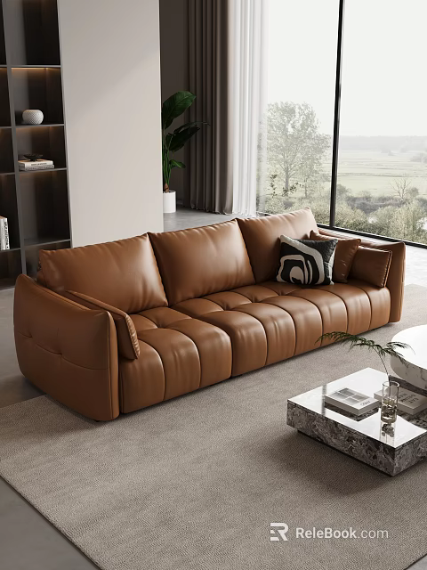 Modern Brown Leather Sofa Set with Coffee Table and Cushions in Living Room 3d model 