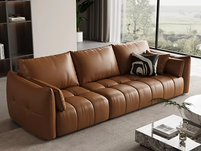 Modern Brown Leather Sofa Set with Coffee Table and Cushions in Living Room 3d model