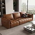 Modern Brown Leather Sofa Set with Coffee Table and Cushions in Living Room