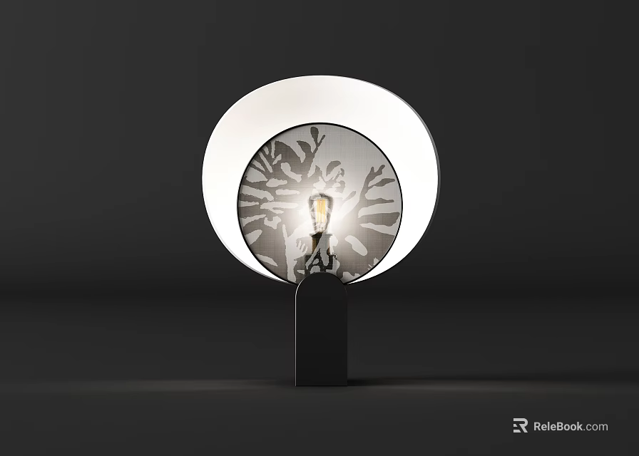 Modern Minimalist Table Lamp with Circular White Lampshade Cutouts Casting Leaf Shadows on Black Base 3d model 
