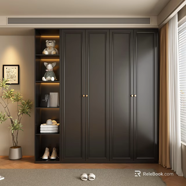Modern Black Wardrobe with Gold Handles Side Open Shelves and Stuffed Toys in Cozy Interior 3d model 