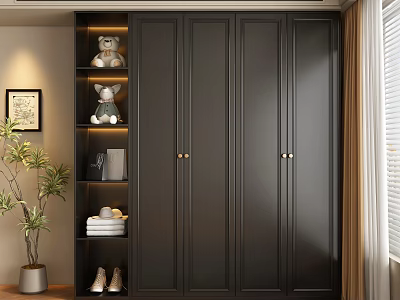 Modern Black Wardrobe with Gold Handles Side Open Shelves and Stuffed Toys in Cozy Interior 3d model