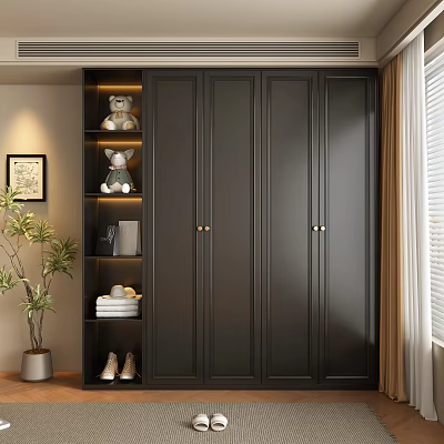 Modern Black Wardrobe with Gold Handles Side Open Shelves and Stuffed Toys in Cozy Interior 3d model