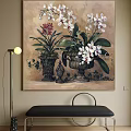 Plant Painting Of White Pink Orchids In Vintage Vases On Beige Background With Green Leaves