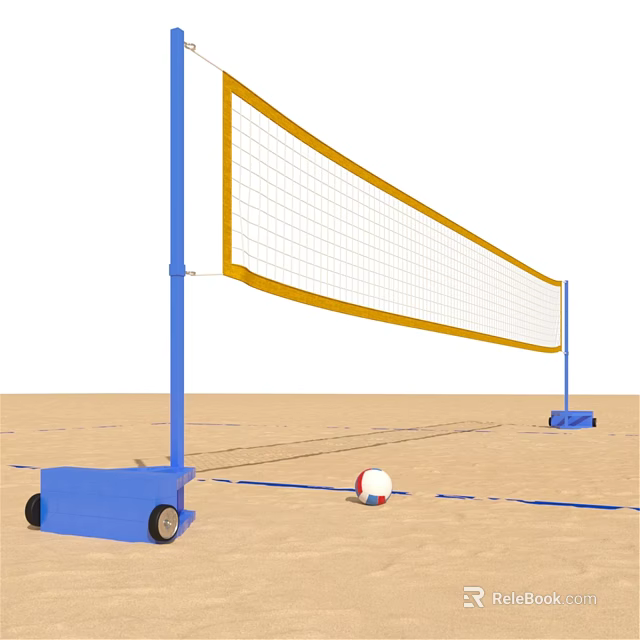Volleyball Net Structure With Blue Poles Yellow Border And Volleyball On Sand Court 3d model 