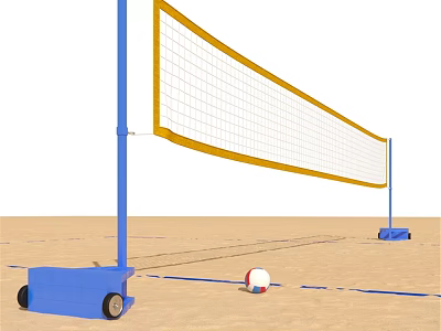 Volleyball Net Structure With Blue Poles Yellow Border And Volleyball On Sand Court 3d model