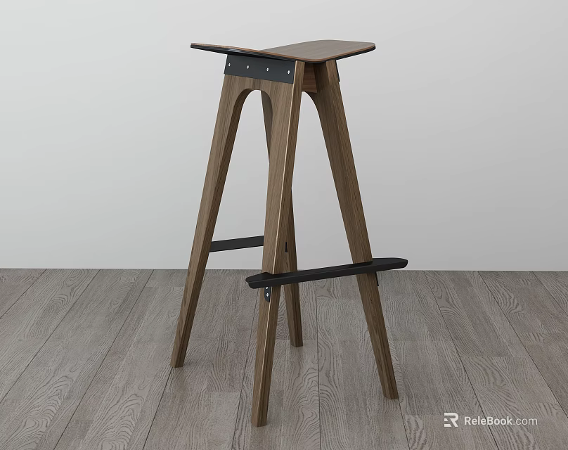 Minimalist Wooden Bar Stool With High Legged Design Brown Finish And Footrest 3d model 