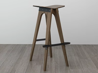 Minimalist Wooden Bar Stool With High Legged Design Brown Finish And Footrest 3d model