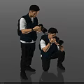 Two Photographers In Blue Vests Taking Photos With Cameras On Gray Background