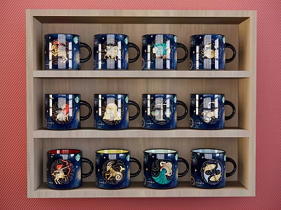 Blue Mugs with Various Zodiac Patterns on Three Tier Wooden Shelf 3d model