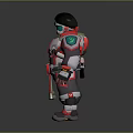 Three Armored Scifi Character Models With Red Yellow White Designs Standing On Reflective Surface