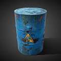 Rusty Blue Metal Barrel With Yellow Warning Triangle Sign Industrial Storage 3d model