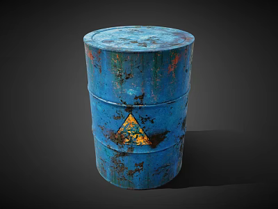 Rusty Blue Metal Barrel With Yellow Warning Triangle Sign Industrial Storage 3d model