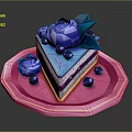 Sliced Purple Blue Layered Cake With Purple Flower Decoration On Pink Plate And Blue Berries