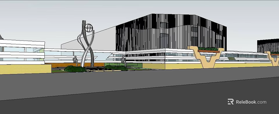 Modern Architectural Building With Black White Facade Sculpture And Green Landscaping 3d model 