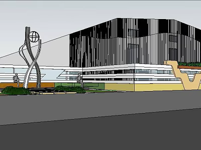 Modern Architectural Building With Black White Facade Sculpture And Green Landscaping 3d model