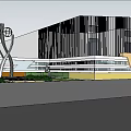 Modern Architectural Building With Black White Facade Sculpture And Green Landscaping