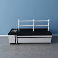 Functional Workbench with Black Countertop White Shelf Sink Faucet and Storage Cabinets