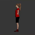 Woman In Red T Shirt Black Shorts Red Sneakers With Arms Outstretched Against Gray Background