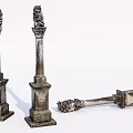 Classical Ornate Stone Columns With Carved Details Standing And Fallen
