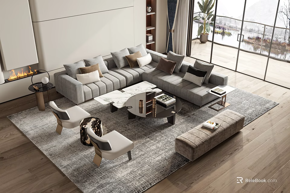 Modern Living Room Gray Sofa And Coffee Table Set With Multiple Pillows And Area Rug 3d model 
