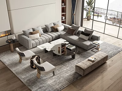 Modern Living Room Gray Sofa And Coffee Table Set With Multiple Pillows And Area Rug 3d model