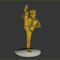 Character In Yellow And Black Outfit With Crown In One Legged Stance On White Base