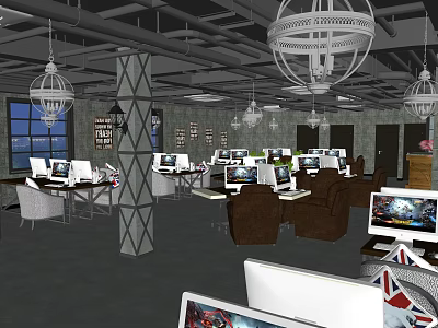 Modern Internet Cafe Interior With Computers Comfortable Seating And Modern Lighting 3d model