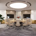 Modern Conference Room With Round Table Swivel Chairs Dual Screens Large Window And Indoor Plant