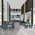 Modern Hotel Lobby Interior Design With Marble Walls Wooden Display Shelves And Decorative Partitions