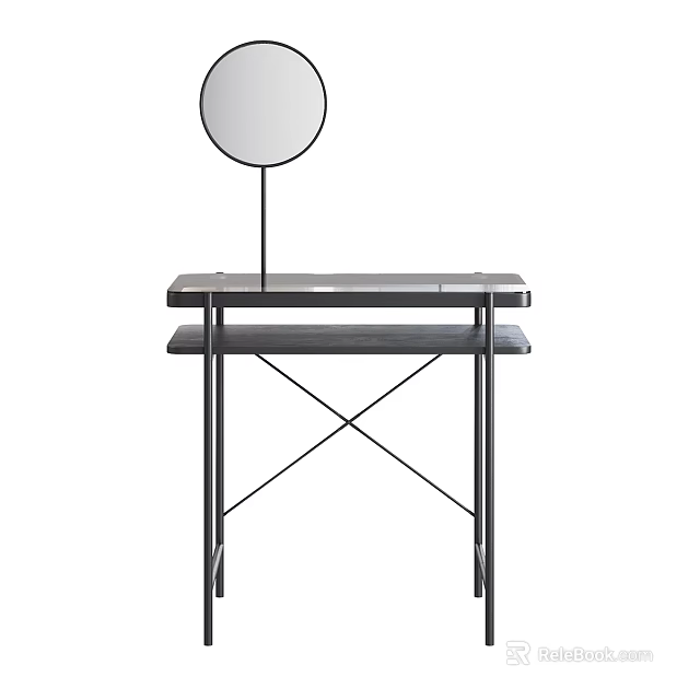 Modern Dressing Table With Round Mirror Metal Frame And Wooden Top Design 3d model 