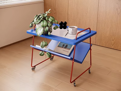 Blue Two Tier Side Table With Wheels Green Plant And Magazine On Top 3d model