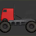 Red Monster Truck With Large Off Road Tires And Black Front Bucket