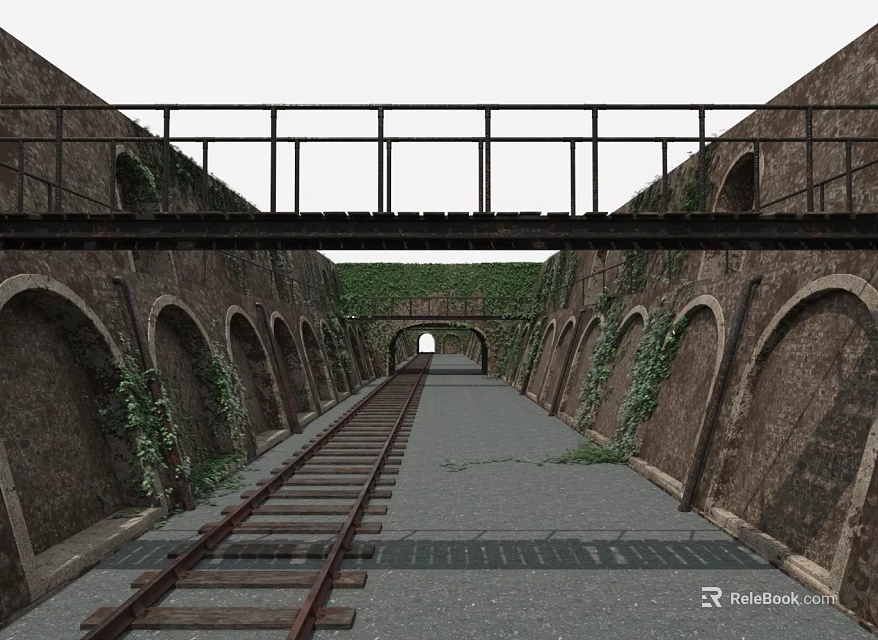 Old Railway Tracks Through Stone Bridge with Ivy Covered Brick Arches 3d model 