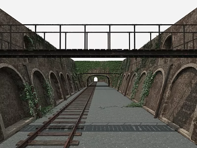 Old Railway Tracks Through Stone Bridge with Ivy Covered Brick Arches 3d model