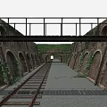 Old Railway Tracks Through Stone Bridge with Ivy Covered Brick Arches