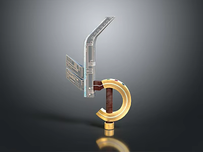 Modern Weapon 3D Model Featuring Golden Ring Base Wooden Handle And Metallic Blade 3d model