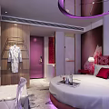 Modern Hotel Guest Room With Circular Bed Purple Lighting And City Night View