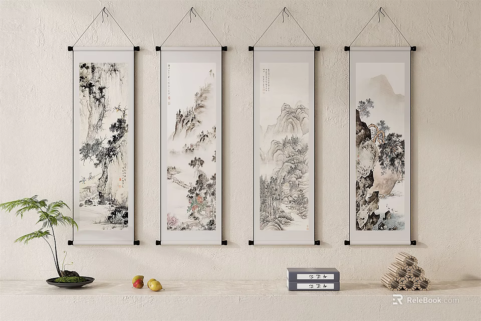 Four Traditional Chinese Landscape Scroll Paintings Hanging on Wall with Small Plant Fruits and Decorations 3d model 